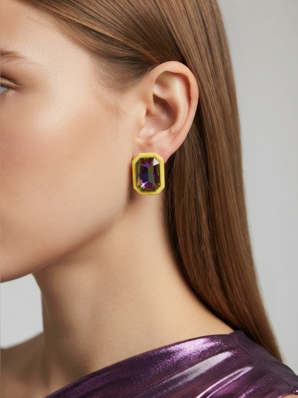 Neon Yellow Geometric Stud Earrings | Iridescent AB Crystal Statement Studs